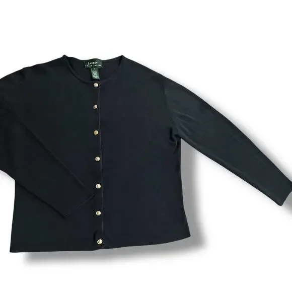 Vintage 100% Silk Navy LAUREN Ralph Lauren Gold Button Cardigan Sweater Large - Picture 1 of 12